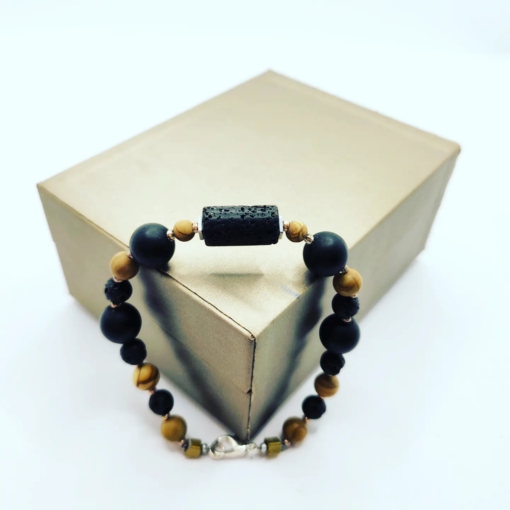 Lava Stone, Picture Jasper, Black Agate clasp bracelet